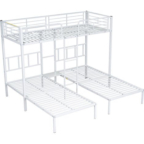 Litera triple de metal blanco 90 x 200 cm con escalera y estante (1/5)
