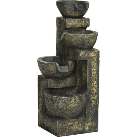 Fontaine de jardin zen avec débit d'eau réglable et pompe submersible intégrée. Dimensions : 25 x 24 x 60 cm (L x l x H). Résine noire.
