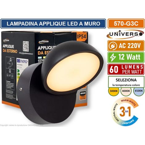 UNIVERSO 570-G3C LAMPADA APPLIQUE LED DA MURO TESTA RUOTABILE 12W SMD  CCT 3IN1 CAMBIA COLORE IP54 DA ESTERNO (1/5)