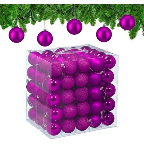 Relaxdays Weihnachtskugeln im 100er Set, Kunststoff, D: 6cm, runde Weihnachtsbaumdeko, Baumschmuck bruchsicher, pink