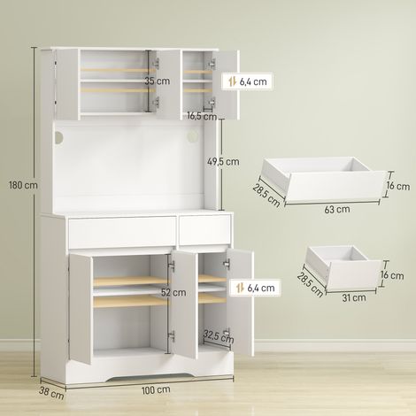 Meuble de cuisine avec plan de travail ouvert, 6 portes, 2 tiroirs, étagères réglables, passe-câbles, panneaux de particules, blanc (1/5)