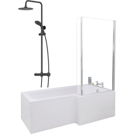 1700mm Bathroom L Shaped Bath Mixer Shower Screen RH White with Front Panel (1/5)