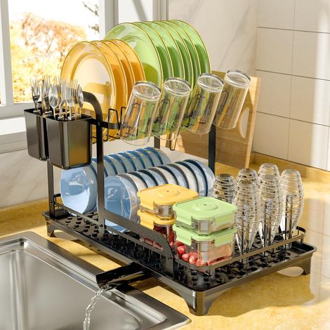 Égouttoir à Vaisselle de Grande Capacité, Egouttoir Vaisselle à 2 étages avec égouttoir, Egouttoir Vaisselle sur Evier Antirouille pour Cuisine Porte Ustensiles