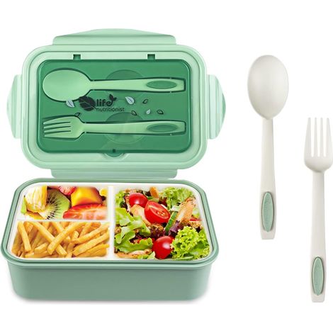Lunchbox mit 3 Fächern und Löffelgabel 1400 ml, auslaufsichere Bento-Box BPA-frei, mikrowellen- und spülmaschinenfeste Essensbox, für Erwachsene Kinder Schularbeiten, Grün