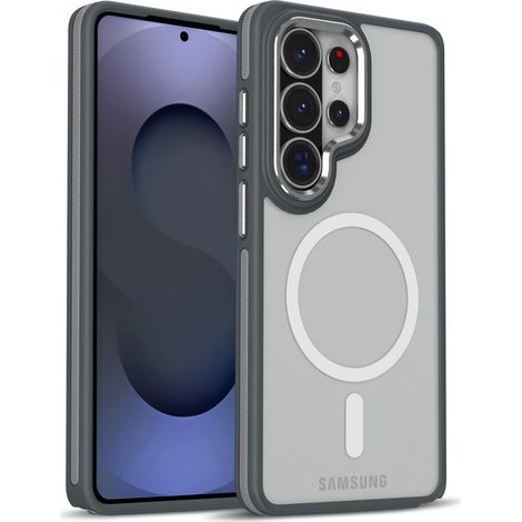(Galaxy S25+, Gris) Étui de téléphone magnétique mat pour Samsung, résistant aux chocs et aux chutes, coque arrière rigide. (1/5)