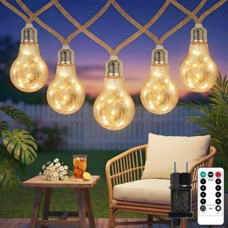 AMXCNOY 7 m Solar-Lichterkette für den Außenbereich mit 20 LEDs, Hanfseil, 8 Beleuchtungsmodi und integriertem Timer, Vintage-Stil, für Garten, Party, Balkon oder Schlafzimmer (1/5)
