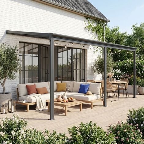 Sweeek – Pergola murale 3x5m en aluminium et polycarbonate – Toit transparent anti-UV – Gouttière discrète pour évacuation – Installation facile