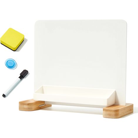 Tableau blanc aimanté bureau avec socle bambou, plaque effaçable à sec 233x98x195mm, boîte rangement téléphone, lot 1 marqueur noir 1 gomme 1 aimant, blanc/jaune, bureau école maison (1/4)
