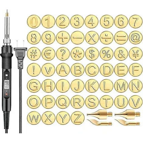 Ensemble de 56 Pièces pour Pyrogravure avec Lettres, Kit de Gravure sur Bois/Cuir DIY, Gabarits pour Fer à Soudure de Lettres, Outils, Prise US
