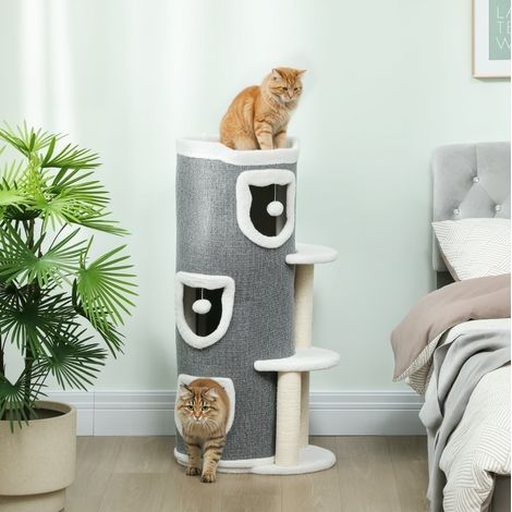 Tiragraffi a torre in sisal e poliestere grigio, 3 livelli, per graffiare, giocare e riposare, 50 x 36 x 101 cm (1/5)