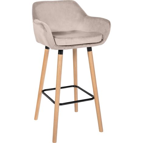 Sgabello da bar x1 design scandinavo velluto crema struttura in legno poggiapiedi in metallo 100006484