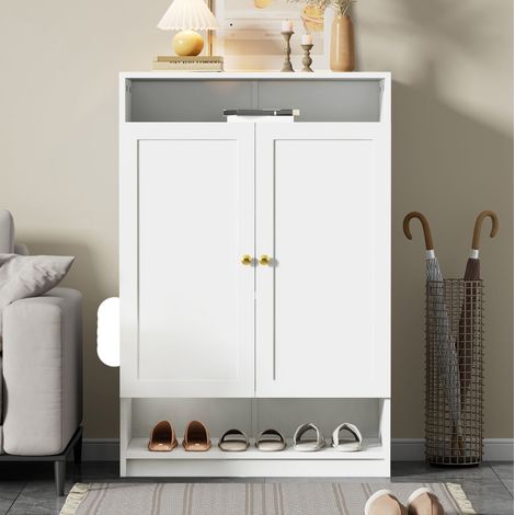 Scarpiera 73x34x109 cm bianco in truciolato con ripiani regolabili e maniglie in metallo (1/5)