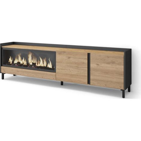 Mueble TV Ronda-01 de 212x61x35 cm con chimenea eléctrica XXL, diseño industrial, color roble y negro (1/4)