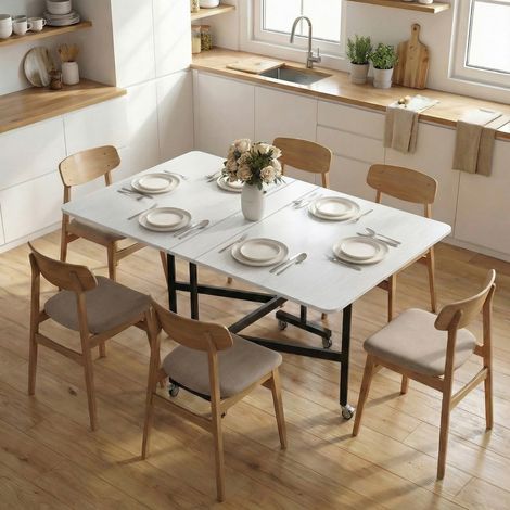Table pliante mobile blanche roues freinables 6 pièces, table escamotable cuisine pour petits espaces (1/5)