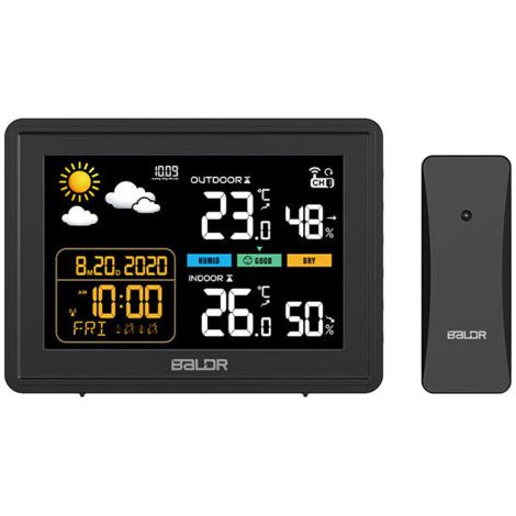 Station météo sans Fil, Thermomètre Hygromètre Baromètre Intérieure Extérieure avec Capteur LED RCC/DCF Ecran Rétro-éclairage Horloge Numérique Alarme Noir (1/5)