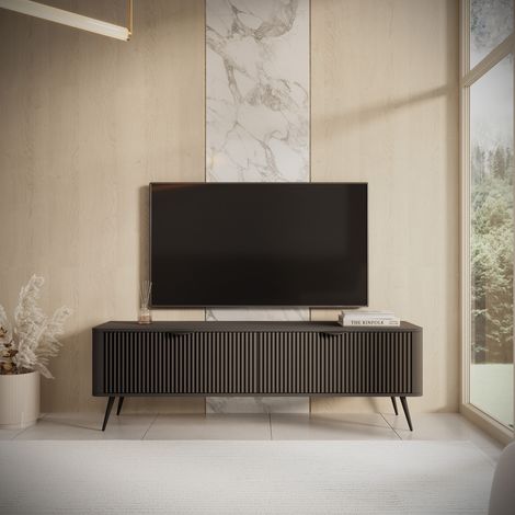 Armario para TV Kalase, 2 Estantes, 2 Puertas, Puertas con Efecto Rayado y Patas, 163x38x51h cm Negro (1/5)