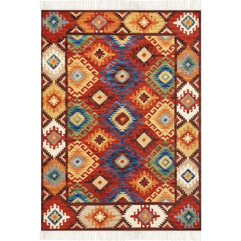 Tapis Kilim Multicolore en Laine 200 x 300 cm avec Frange Oriental Fait Main Zovuni