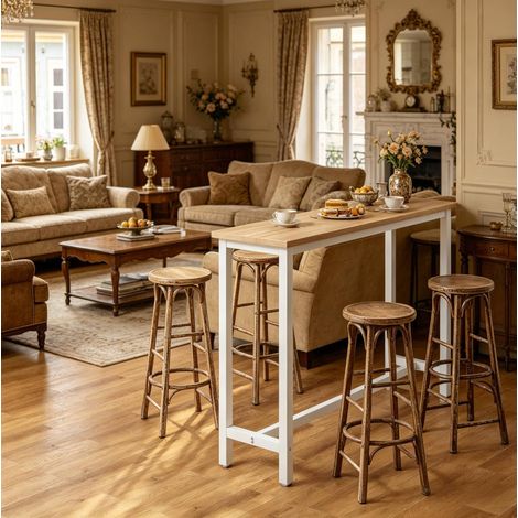 Table de bar 140x40x100 cm blanc et chêne clair en MDF et métal avec pieds réglables (1/5)