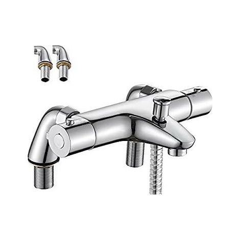 Mitigeur Thermostatique Baignoire, Robinet Thermostatique Bain Douche avec Bouton de Sécurisé à 38°C, Robinets de douche Thermostatique pour Baignoire, Laiton, Anti-brûlure (1/5)