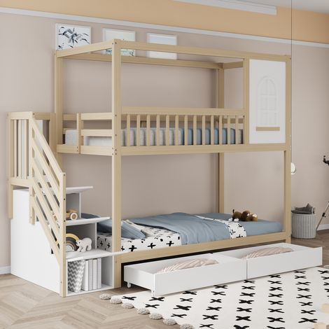 Litera infantil de madera color natural 90x200 cm con escalera segura, cajones de almacenaje y somieres incluidos (1/5)