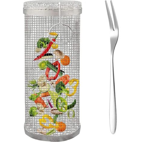 Rolling Panier de barbecue avec fourchette, panier tournebroche universel, rond en acier inoxydable, feu camp, grille barbecue, pour extérieur, frites, accessoires cuisson, 1 Pi猫ce. 31cm (1/5)