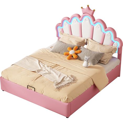 Letto Bambino Contenitore 140 x 200 cm in PU con LED Regolabile e Testiera a Corona, senza Materasso, Rosa (1/5)