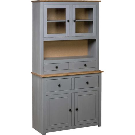 Vidaxl – Buffet haut gris 93x40,5x180 cm en bois de pin massif – 4 tiroirs et 2 portes vitrées – Design rustique et espace de rangement optimisé (1/5)