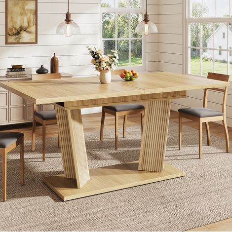 Mesa extensible 120-160 x 80 x 76 cm de MDF y metal marrón claro, ahorro de espacio, FloraGrace (1/5)