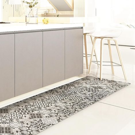 1 Tapis De Sol Antidérapant Vinyle 2,5mm Gris Tuiles 180x50cm Protection Cuisine Salle De Bain