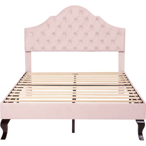 Cama tapizada 140 x 200 cm de terciopelo rosa con somier de láminas y cabecero ajustable HOMVRA (1/5)