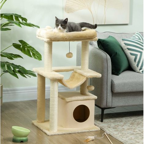 Árbol rascador para gatos (48x48x90 cm), con hamaca y cesta, poliéster blanco crema (1/5)