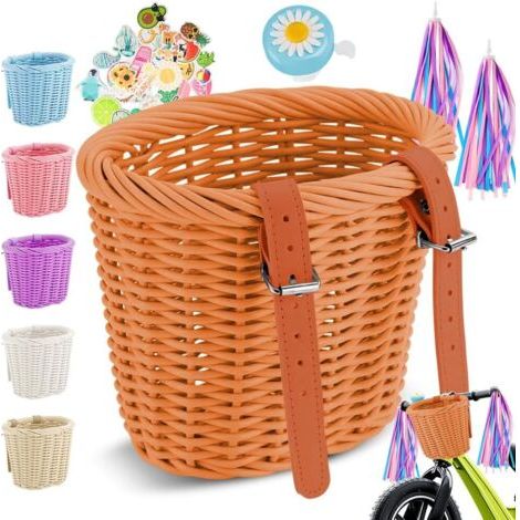 Panier de vélo tressé pour enfant - Panier de vélo avant pour enfants et filles - Panier de vélo avant amovible - Avec cloches, serpentins, sonnette de vélo, autocollants (1/5)