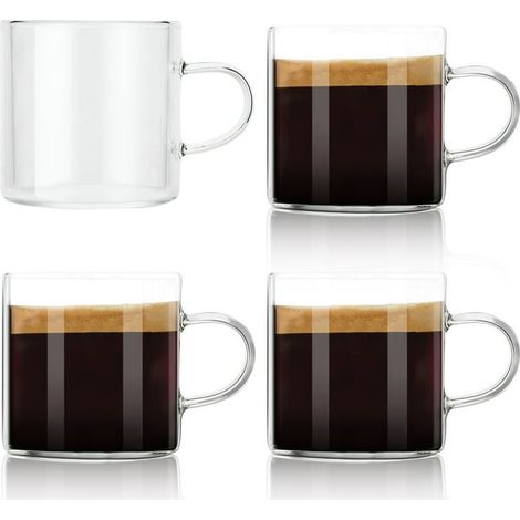 Juego de 4 tazas de espresso de 120 ml con asa, tazas pequeñas de vidrio para café, tazas de espresso, tazas de capuchino para latte caliente o frío, té, aptas para microondas y lavavajillas. (1/5)