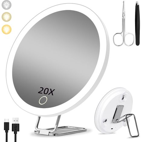 Miroir grossissant x20 lumineux 3 modes de couleur intensité variable miroir de maquillage rechargeable 15 cm avec ventouses et support de table pince (1/5)