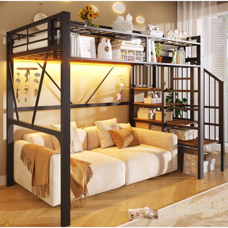 DESVIAE Hochbett en métal et MDF 90 x 200 cm noir avec étagère à marches rangement ouvert et bande LED intégrée (1/5)