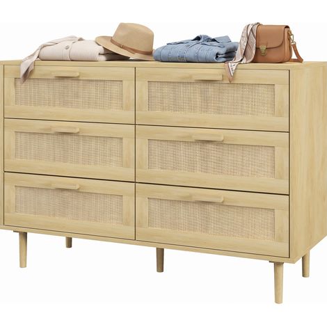 Commode à style bohème pliable 110 x 40 x 75 cm ch ne pour salon tiroirs, façade rotin, pieds bois, bohème, chêne (1/5)