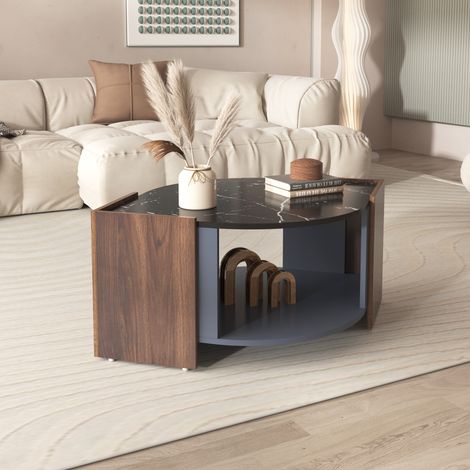Couchtisch mit 1 Offenem Ablagefach, Marmoroptik Schwarz und Nussbaumoptik, Grafische Linien, aus Spanplatte, 96,5×63×40 cm (1/5)