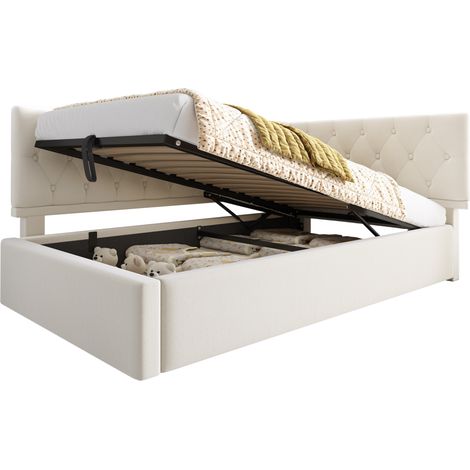 Lit coffre 90x200 cm capitonné en velours beige, tête réversible, rangement hydraulique sous le sommier et structure métal, pour chambre enfant  CHICFURN (1/5)