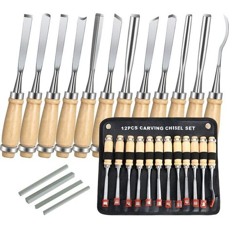 Ciseaux a Bois, 12PCS Outil de Gravure Bois Kit, Décapage Couteau Sculpture sur Bois avec Manche en Bois et Moulinet, pour Débutants, Sculpteur, Charpentier, Amateur