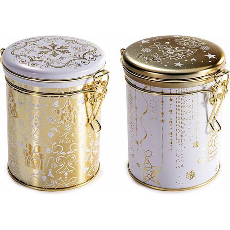 Barattoli natalizi in metallo adatti al contatto con alimenti con chiusura ermetica ed elegante decorazione, set da 6 pezzi, cm 11,5 x 9 x 12 H