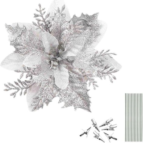 Lot de 20 Fleurs de Noël Artificielles Argentées avec Clip, Poinsettias Brillants à Paillettes pour Décoration de Sapin, Guirlande, Couronne ou Table, Ornements Festifs pour Maison et Fêtes (Argent) (1/5)