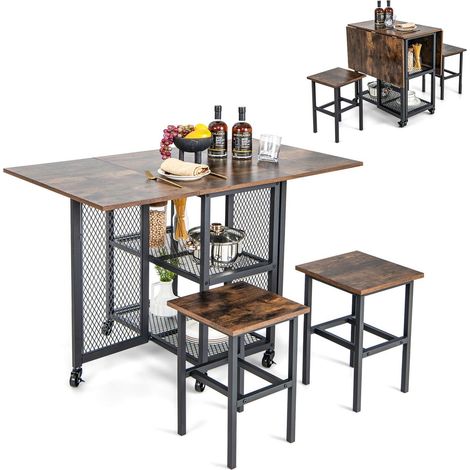 3-Piece Foldable Dining Table Set Drop Leaf Expandable Dining Table & 2 Stools (1/5)