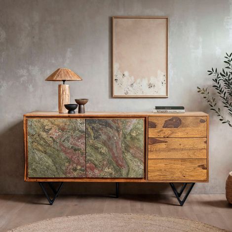 Buffet 2 portes 3 tiroirs 150x40x55 cm effet pierre et bois - YARDI