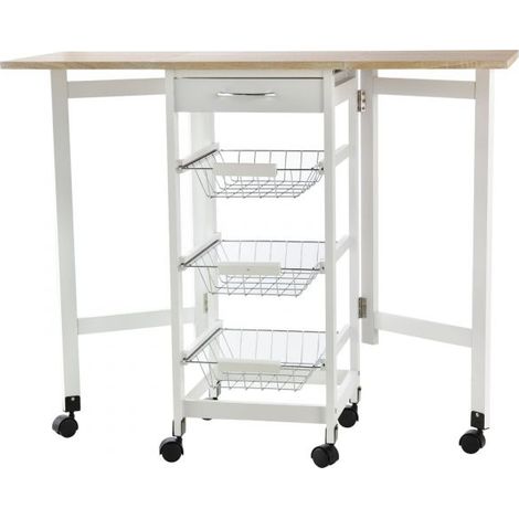 EASYCOMFORT Carrello da Cucina con 3 Cestini, Cassetto e Ribalte, 6 Ruote Girevoli, in MDF e Metallo, 37x37x77.5cm, Bianco e Legno