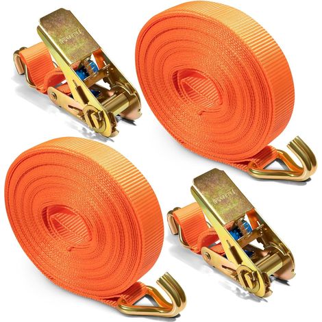Lot de 2 sangles d'arrimage avec cliquet et crochet en J - 10 m x 25 mm - Charge maximale : 1000 kg - Pour motos, voitures, remorques, sécurisation de charge (orange) (1/5)