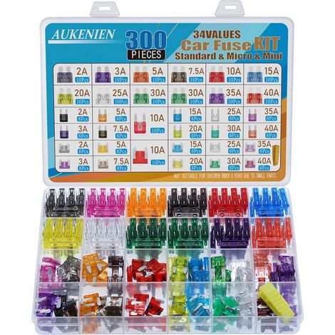33 Werte, 300-teiliges Kfz-Sicherungsset (2A, 3A, 5A, 7,5A, 10A, 15A, 20A, 25A, 30A, 35A, 40A), Standard-, Mini- und Mikrosicherungen für Auto, Motorrad und andere Fahrzeuge, inklusive Sicherungsauszi