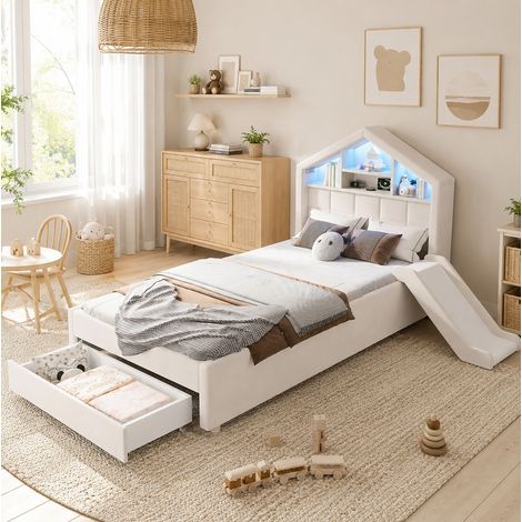 Lit cabane enfant 90x200 cm en velours beige avec LED, rangement, sans matelas – MEUBLIV (1/5)