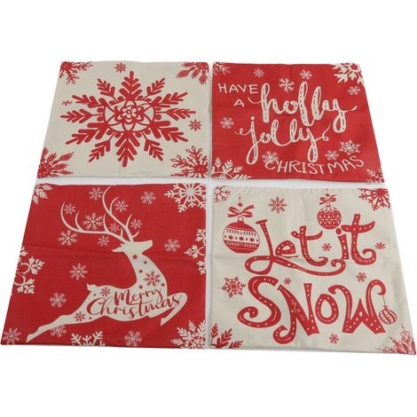 Ensemble de 4 taies d'oreiller de Noël, 45x45cm, avec motif cerf/flocon de neige/bonhomme de neige, en lin doux et confortable, convient pour la maison et le canapé.