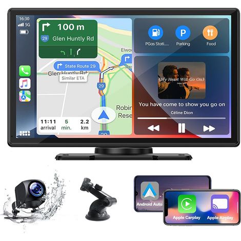 Kabelloses Carplay-Autoradio, Android Auto mit 9-Zoll-IPS-Touchscreen, tragbarer Monitor mit externer Kamera, Bluetooth, WLAN, GPS/FM/Siri/Google/AirPlay
