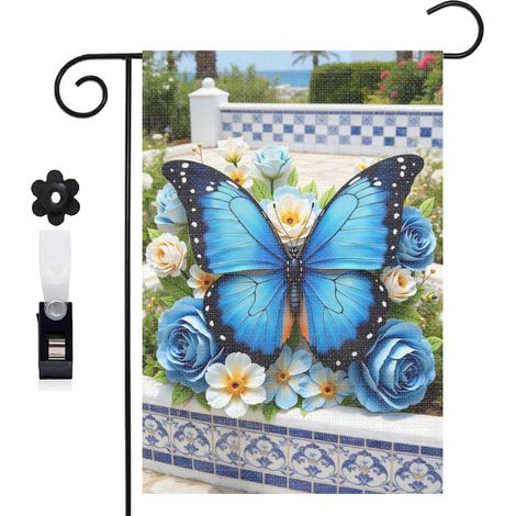 Drapeau vertical style frais et papillon bleu 30 x 45 cm décoration jardin d'été (1/5)